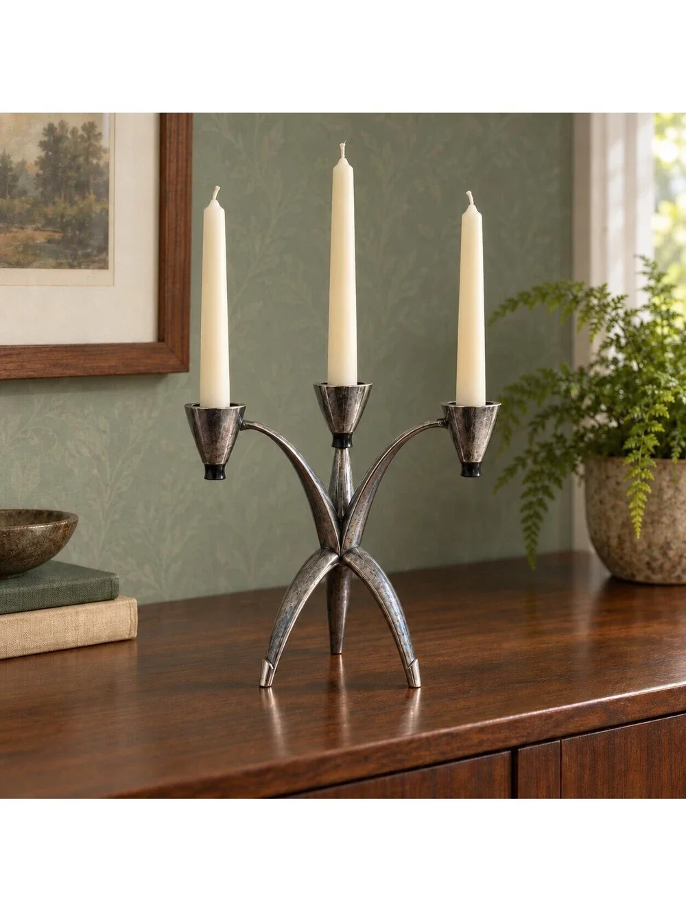 Oneida Heirloom Silverplate 3-Candle Tripod Candelabra Mid Century
